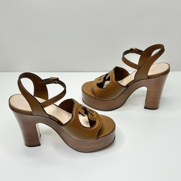 Gucci Cutout Interlocking G 37.5/ US 7.5 Platform Sandal Dark Brown Leather NIB - Picture 10 of 15